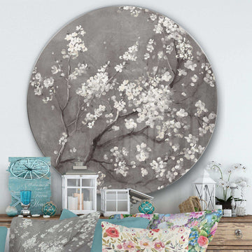 White Cherry Blossoms I - Floral Metal Circle Wall Art